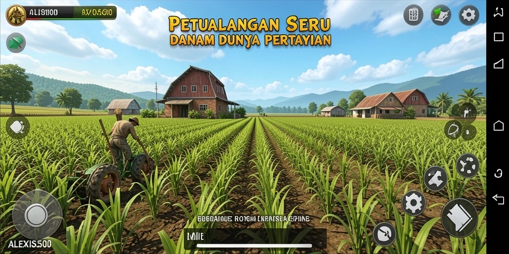 Tangkapan layar utama ALEXIS500 menampilkan kebun yang rimbun dan aktivitas bertani yang seru.