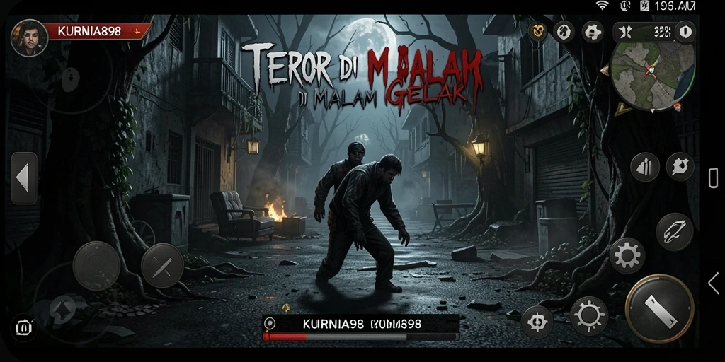 Tangkapan layar dari gameplay KURNIA898 menampilkan suasana menyeramkan dan mencekam.