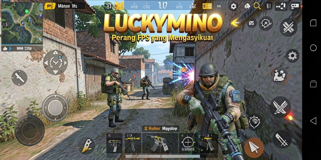 Screenshot gameplay LUCKYMINO dengan aksi tembak-menembak yang intens.
