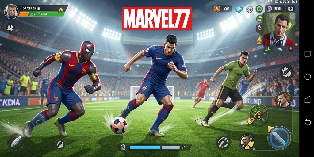 Screenshot gameplay di MARVEL77, menampilkan aksi mendebarkan di lapangan sepak bola.