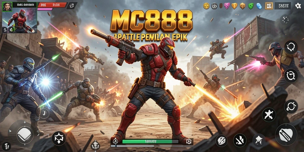 Screenshot gameplay MC888 menampilkan pertempuran intens Battle Royale.
